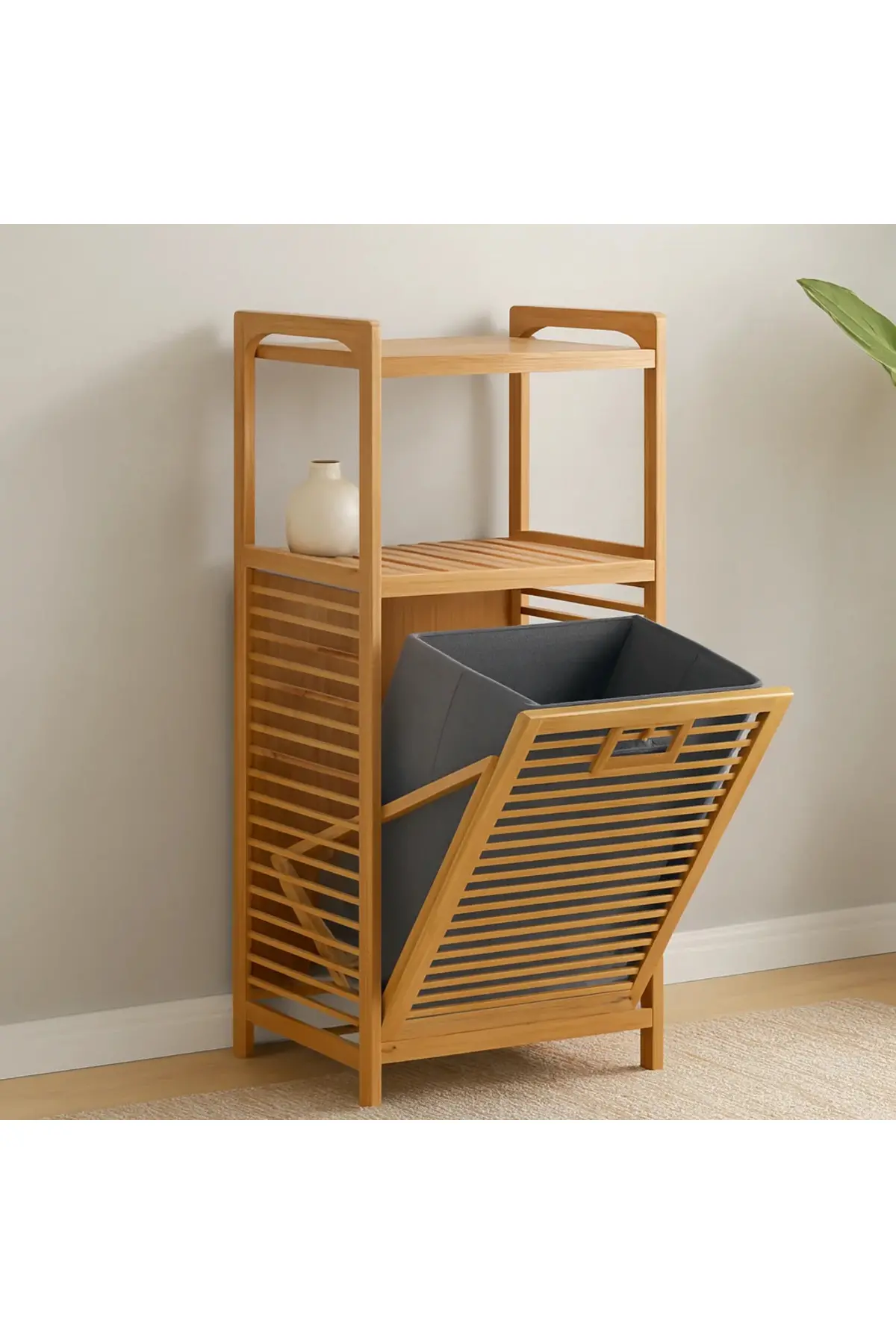 2 Katlı Bambu Çamaşır Sepeti Önden Çek-Aç Organizer 40x35x95 cm