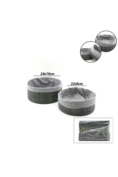 Gri 2 Boy Yuvarlak Bambu Kenar Organizer Sepet Ahşap Altlık - Bezli ÇAP=22X24CM