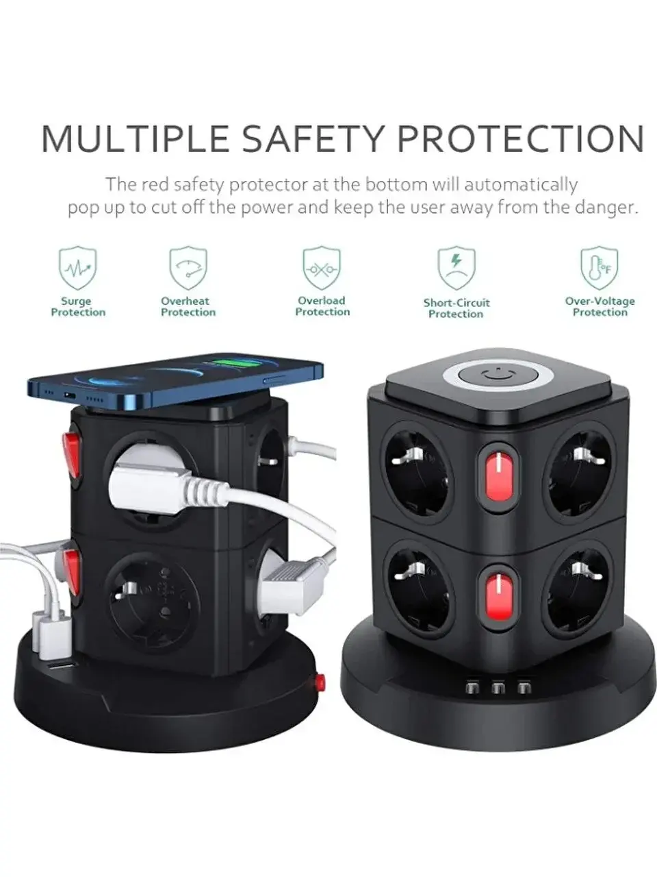 Termal Akım Korumalı Isıya Dayanıklı 3 Usb 8 Priz Ve Wireless Kablosuz Şarj 2.4 Amper Kablolu Priz