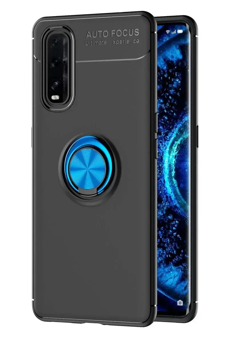Oppo Find X2 Kılıf Range Yüzüklü Silikon - Siyah-Mavi