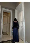 Kadın Vintage Kare Yaka Uzun Kol Abiye Elbise-3