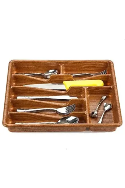 Küçük - Ahşap Renk - 7 Bölmeli Çekmece İçi Kaşıklık 36X32CM