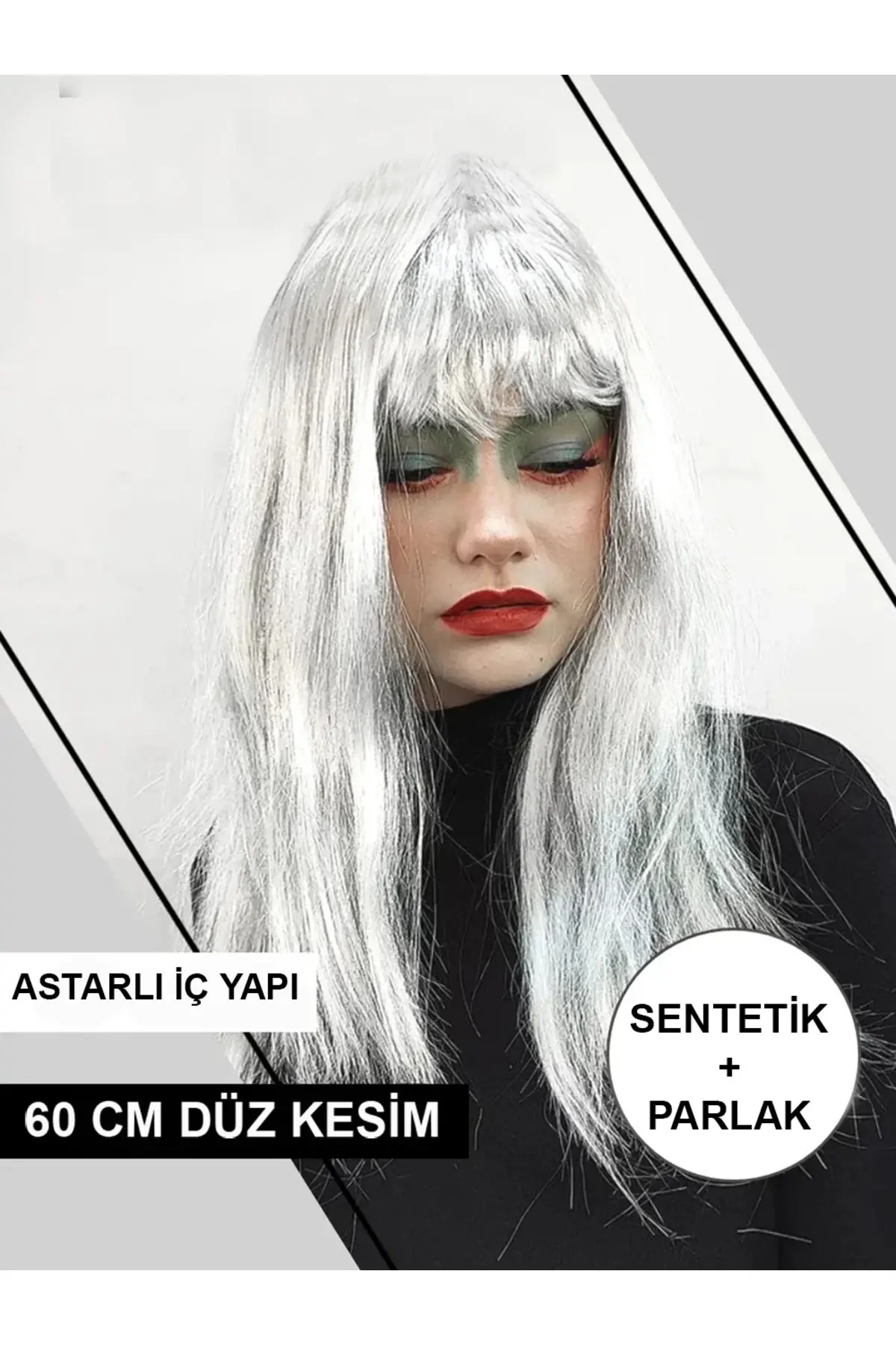 Platin Gri Gümüş Renk Uzun Parti Peruğu Uzun Takma Peruk