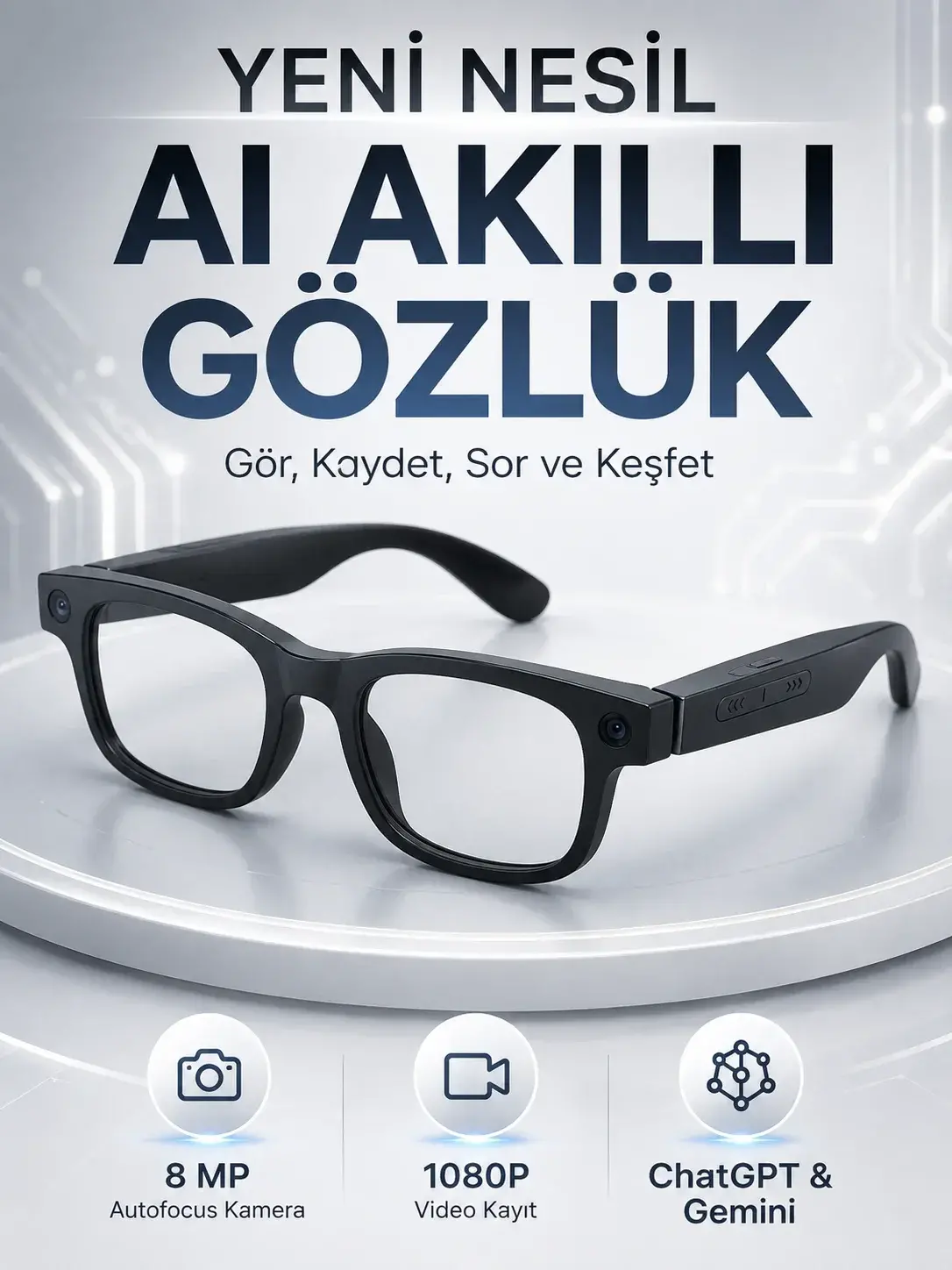 Akıllı Gözlük 8 MP Kameralı 1080P Video Kayıt WiFi Bağlantılı Çift krofonlu Gürültü Engelleme Özelli