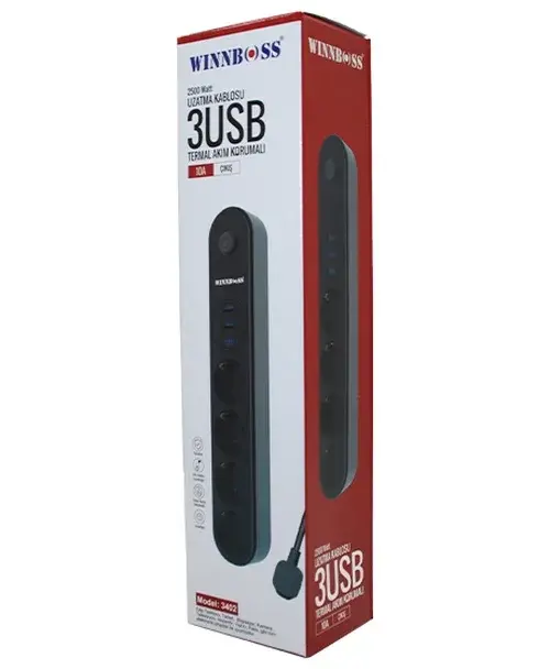 Termal Akım Korumalı 4LÜ Priz 3XUSB 2MT Anahtarlı Uzatma Kablo Siyah 10A - 2500W