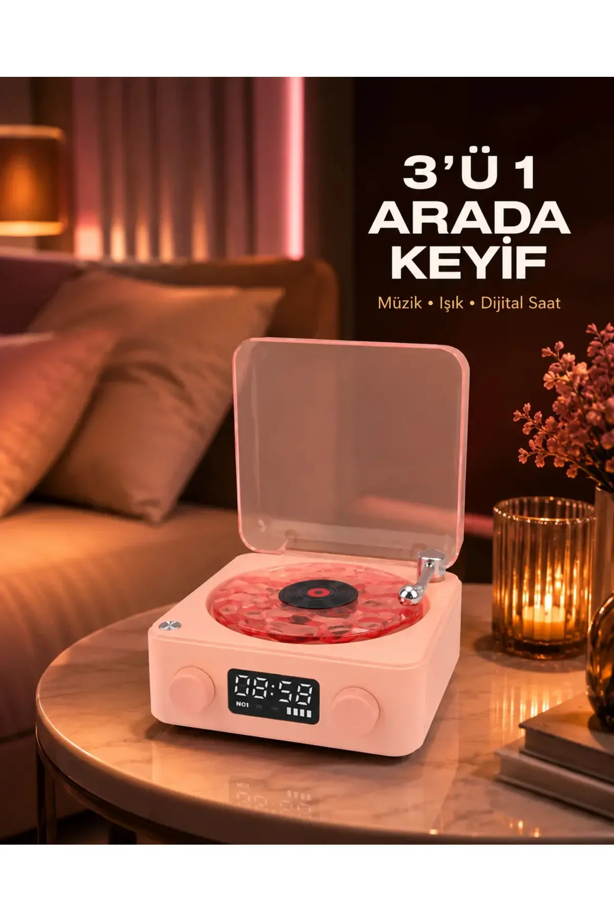 Gece Lambası Stereo Bluetooth Hoparlör Dijital Saat Su Dalgası Efektli 3-ü-1 Cihaz