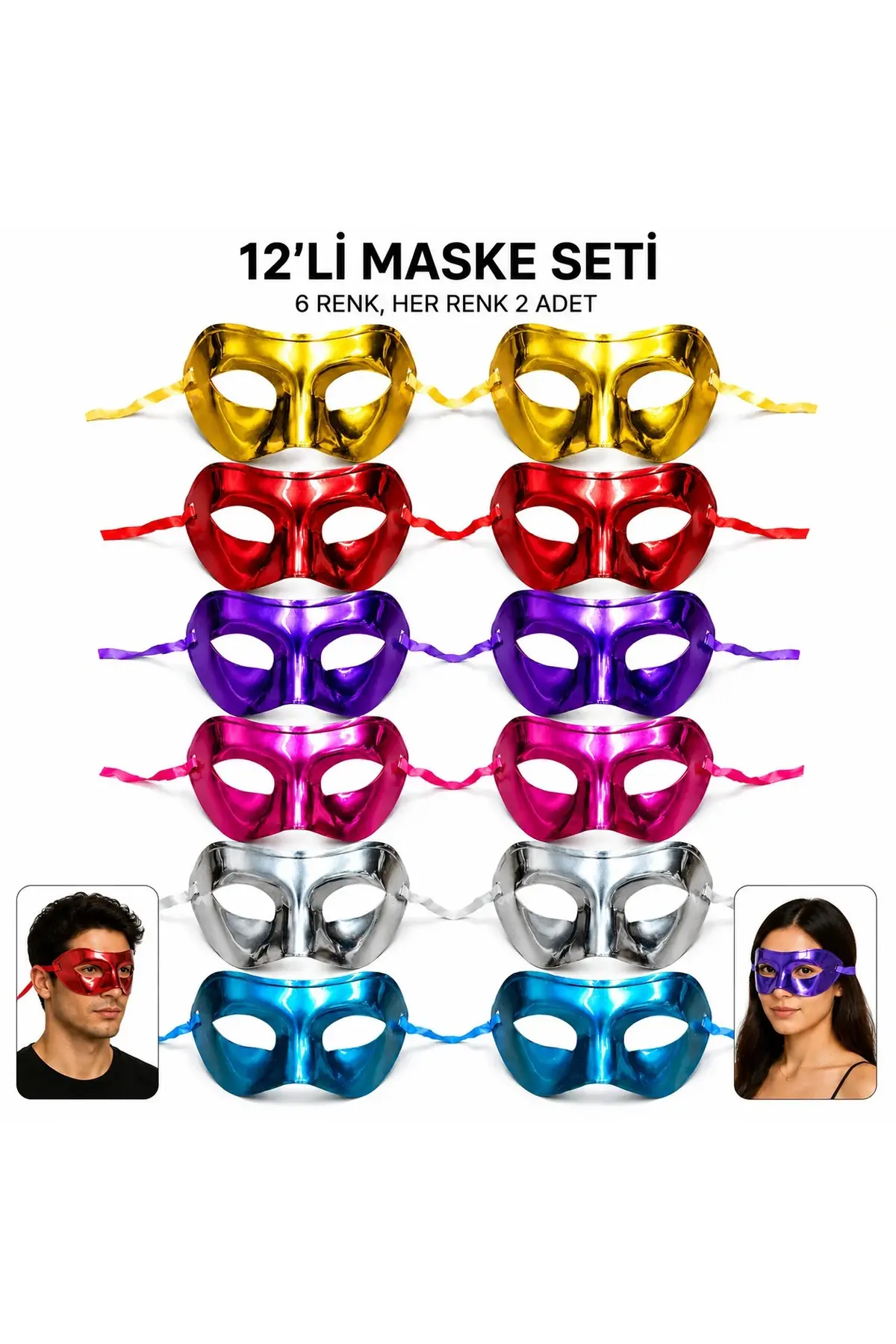 12'li Metalik Venedik Toptan Parti Maskesi Seti – 6 Renk Karışık