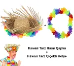 Hawaii Tarzı Tropikal Çiçekli Hasır Şapka Ve Çiçekli Hawaii Kolye-2