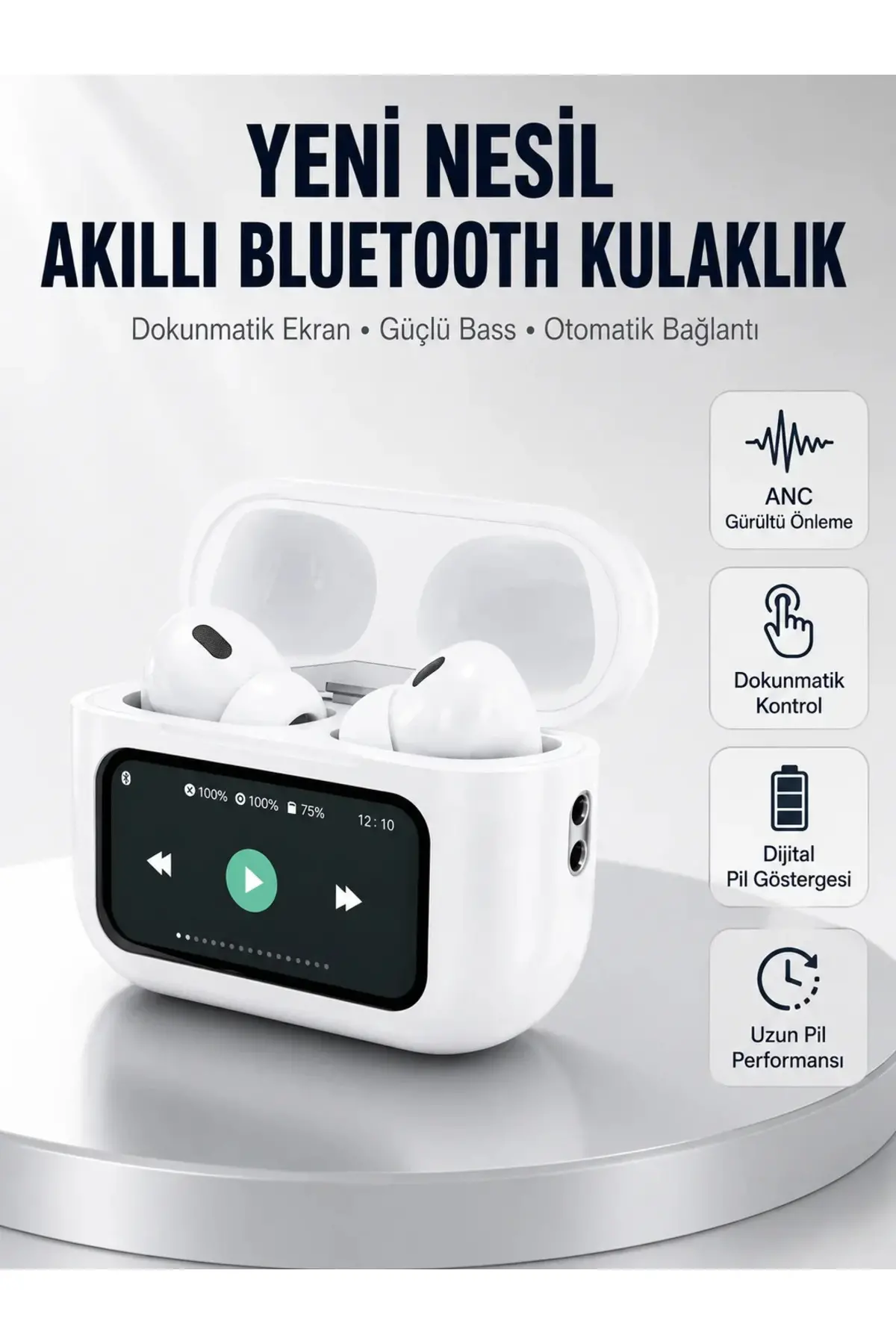 Dokunmatik Ekranlı Bluetooth Kulaklık ANC Gürültü Önleme Suya Dayanıklı Yeni Nesil