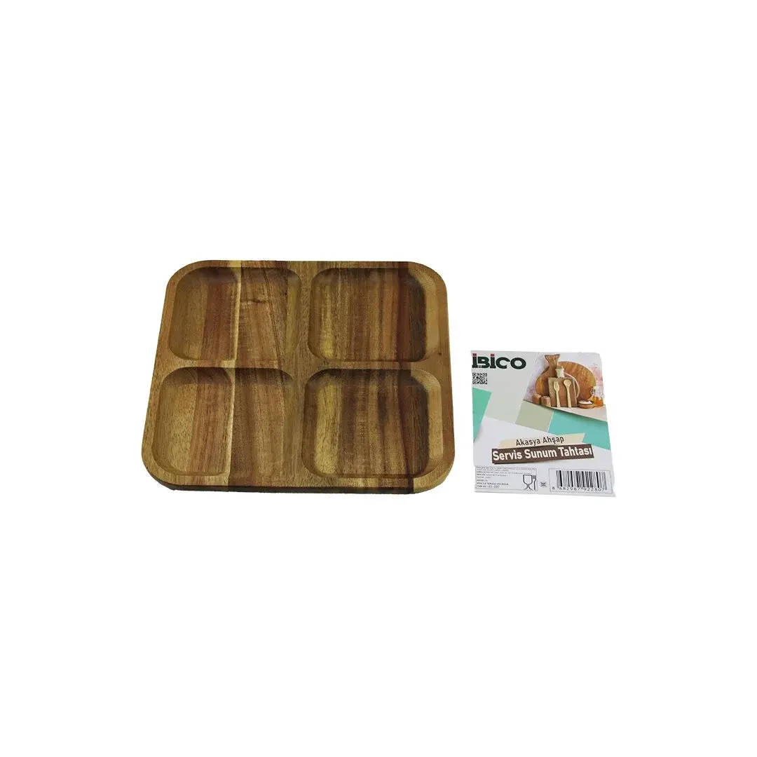 Akasya Kare 4 Bölmeli Ahşap Servis Sunum Tepsi - Tahtası 20 X 1.4CM