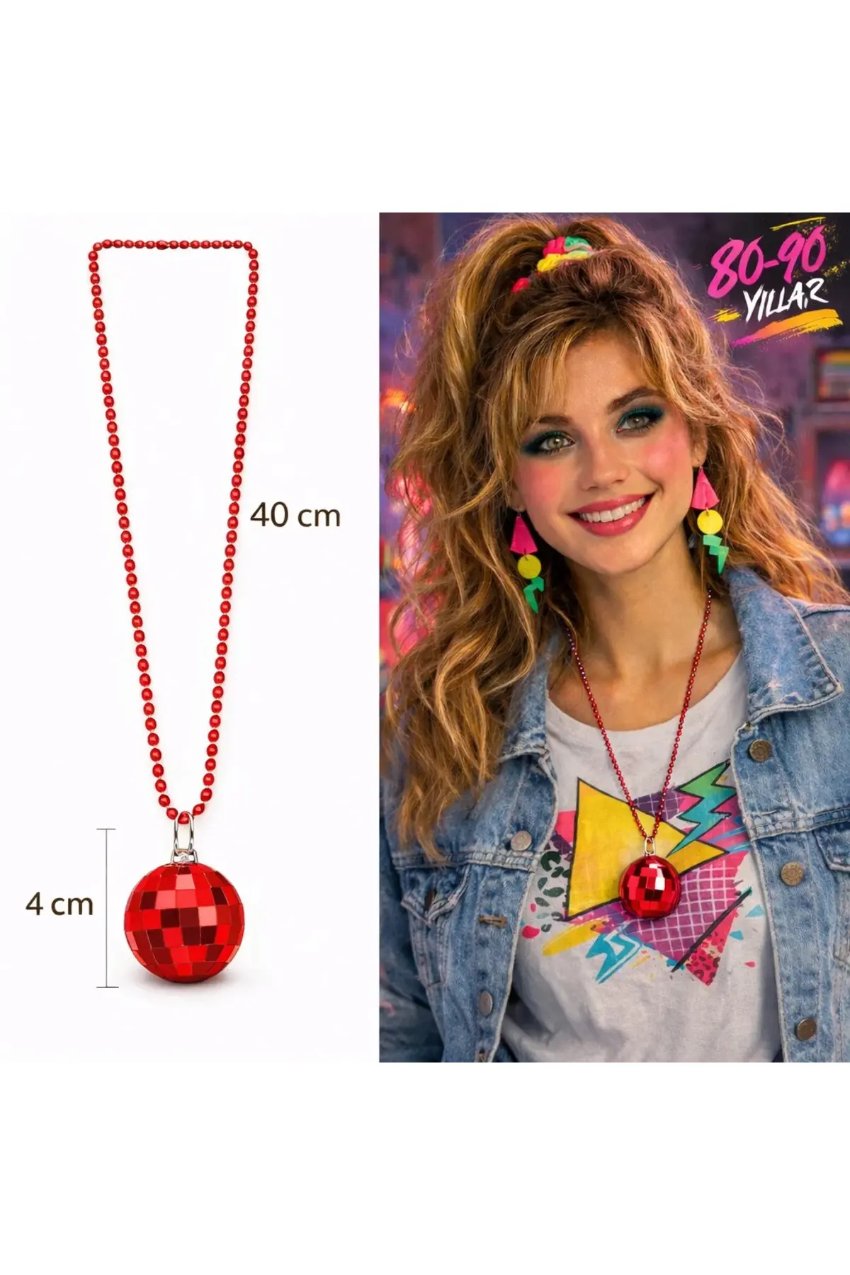 Retro Disko Topu Şekilli 80'ler 90'lar Kırmızı Renk Plastik Kolye