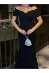 Kadın Özgün Tasarım Kalp Yaka Düşük Kol Krep Kumaş Balık Kesim Maxi Abiye Elbise-2