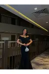 Kadın Özgün Tasarım Kalp Yaka Düşük Kol Krep Kumaş Balık Kesim Maxi Abiye Elbise-3