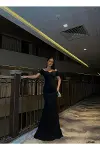 Kadın Özgün Tasarım Kalp Yaka Düşük Kol Krep Kumaş Balık Kesim Maxi Abiye Elbise-1