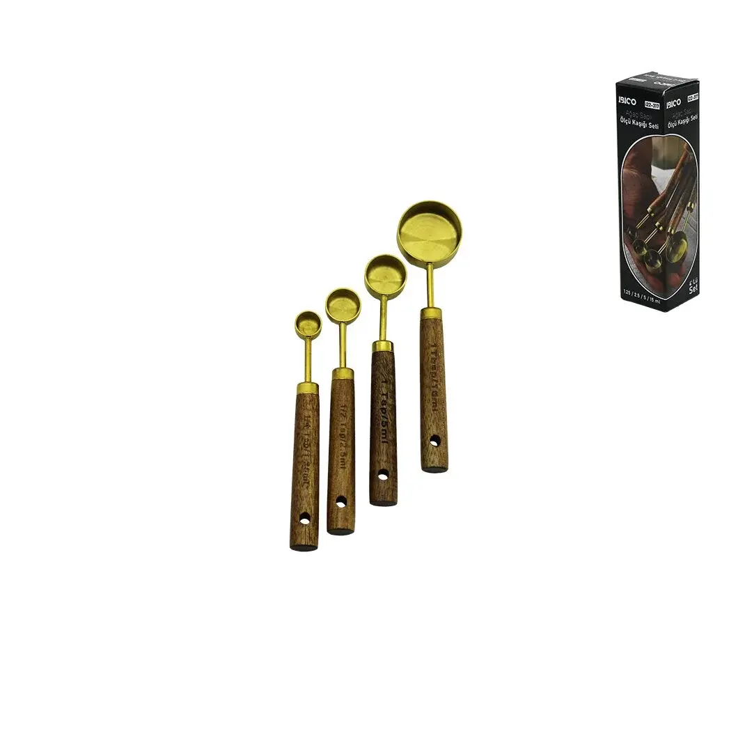 4 Pcs Gold Metal Ölçü Kaşık Seti Otantik Ağaç Kulp 15ML - 5ML - 2.5ML - 1.25ML