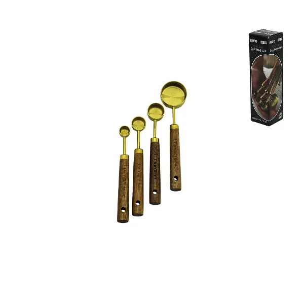 4 Pcs Gold Metal Ölçü Kaşık Seti Otantik Ağaç Kulp 15ML - 5ML - 2.5ML - 1.25ML