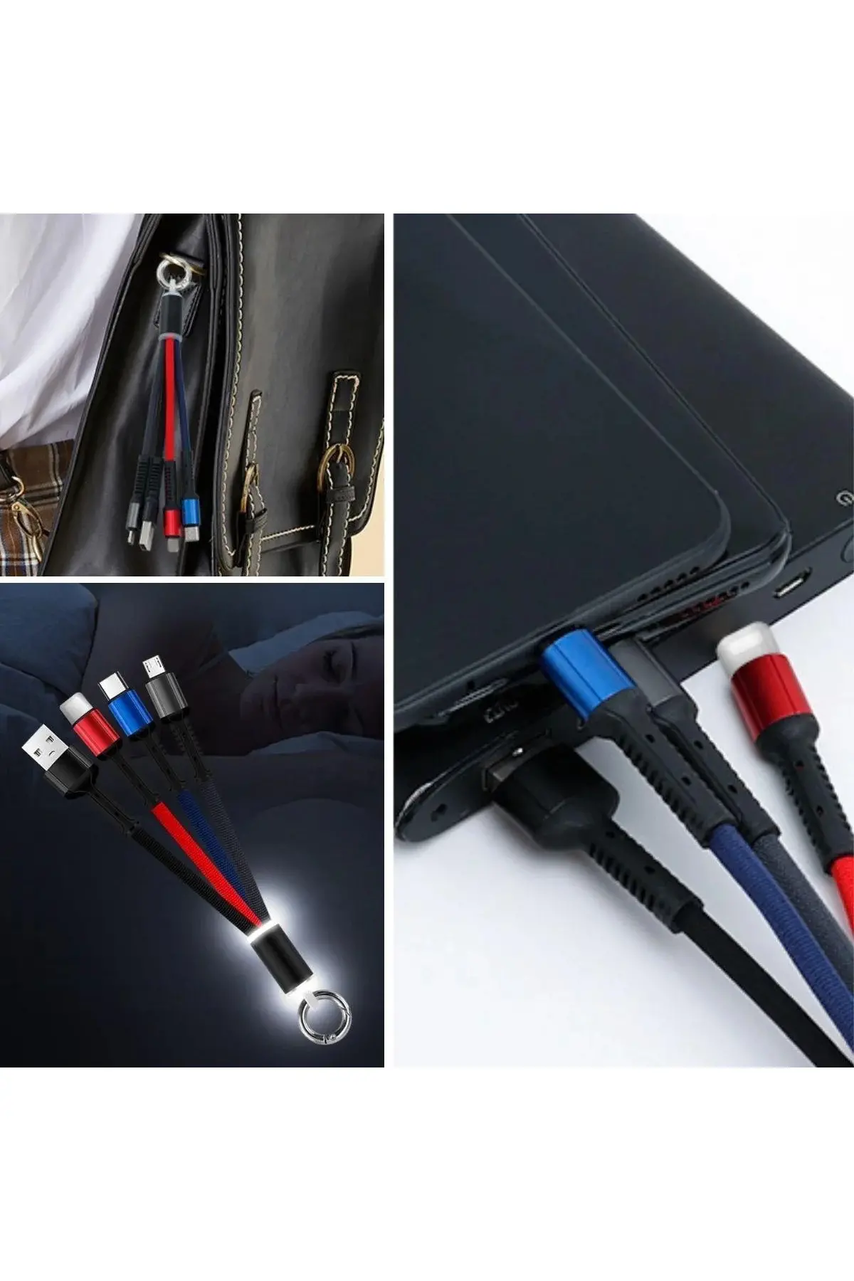 Işıklı Anahtarlık Model 3 in 1 USB Çıkışlı MİKRO,TYPE-C ve İphone Uyumlu Şarj Kablosu