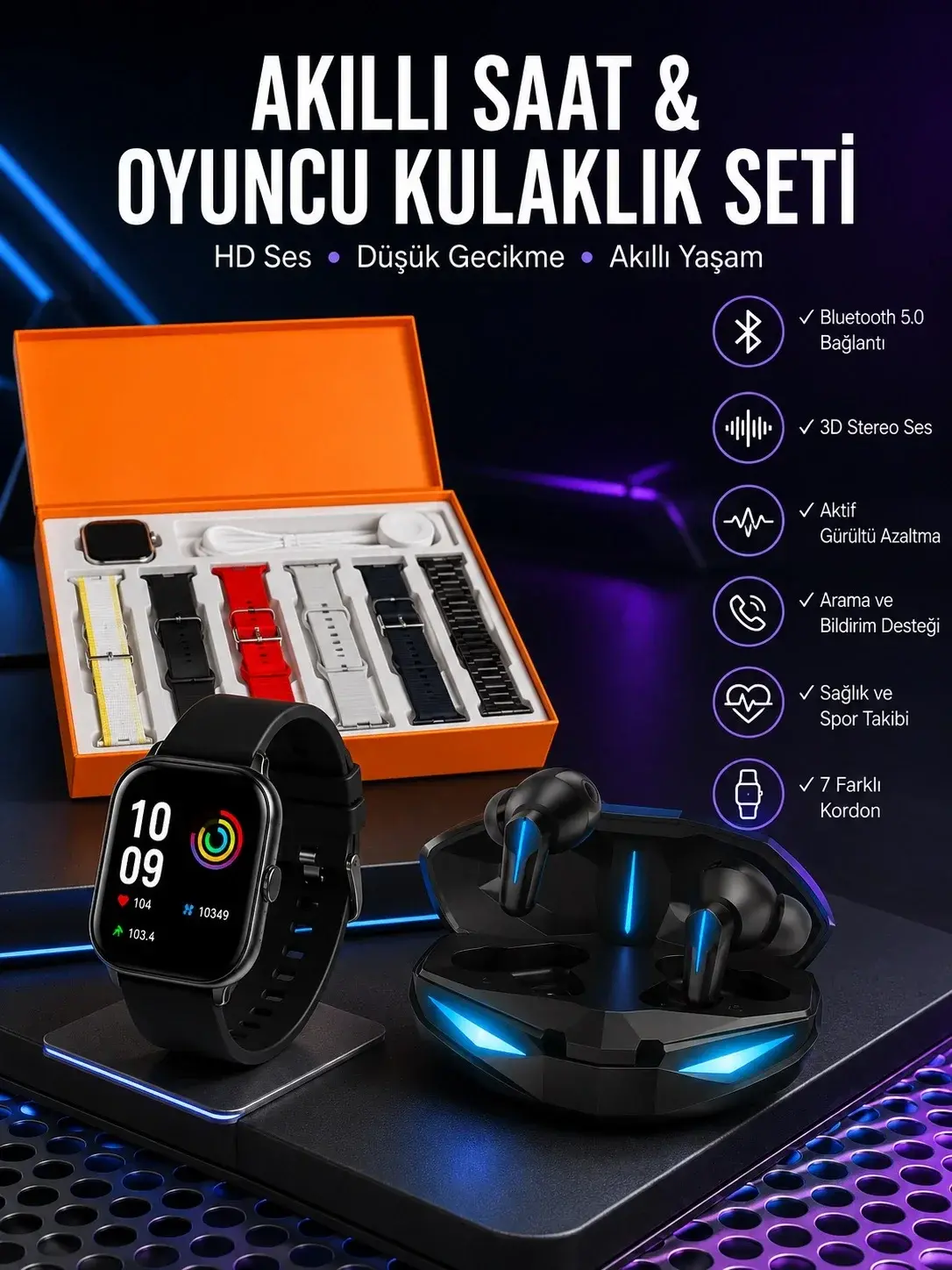 7 Kordonlu Akıllı Saat Ve Oyuncu Kulaklığı ANC Özelliği Kulak İçi krofonlu Sesli Görüşme