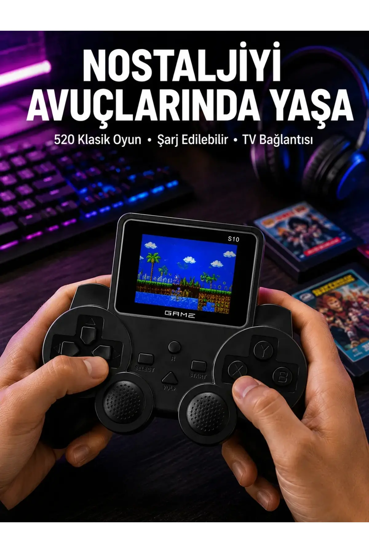 Şarjlı Retro Gamepad Oyun Konsolu 520 Oyunlu TV Çıkışlı El Konsolu