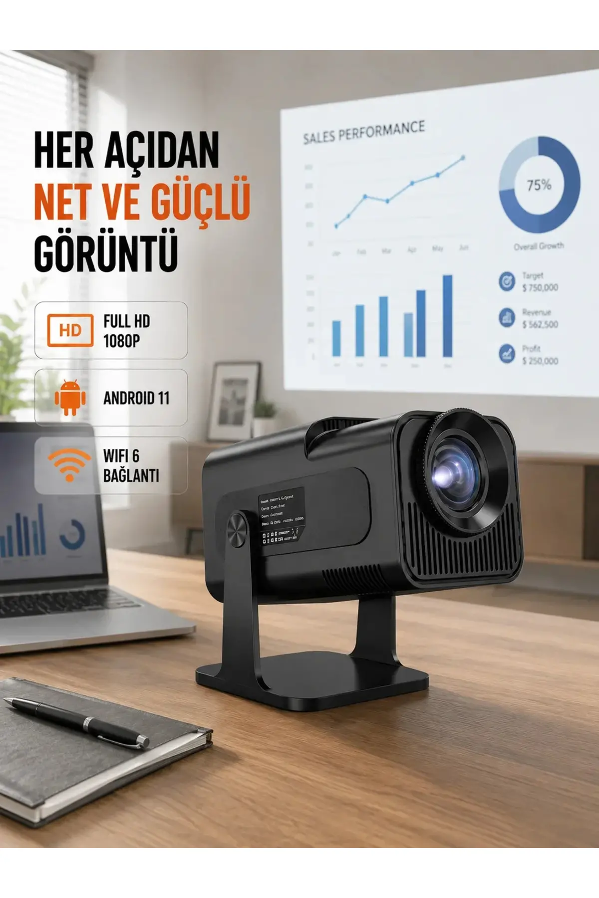 Taşınabilir Full HD Projektör - 1 GB RAM, 8 GB Hafıza Yeni Nesil