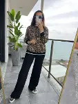 Kadın Uzun Kollu Bisiklet Yaka Leopar Desenli Iki Iplik Bluz Ve Viskon Iki Iplik Pantolon Ikili Takım-4