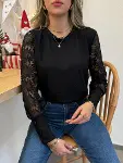 Kadın Uzun Kollu Bisiklet Yaka Kolları çiçekli Waffle Bluz-8