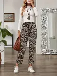 Kadın Yüksek Bel Bağcıklı Leopar Desenli Modal Pantolon-1