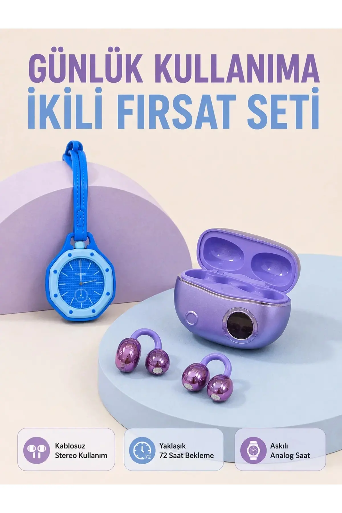 Şarj Kutulu Kablosuz Kulaklık ve Askılı og Charm Saat Seti Mor Mavi