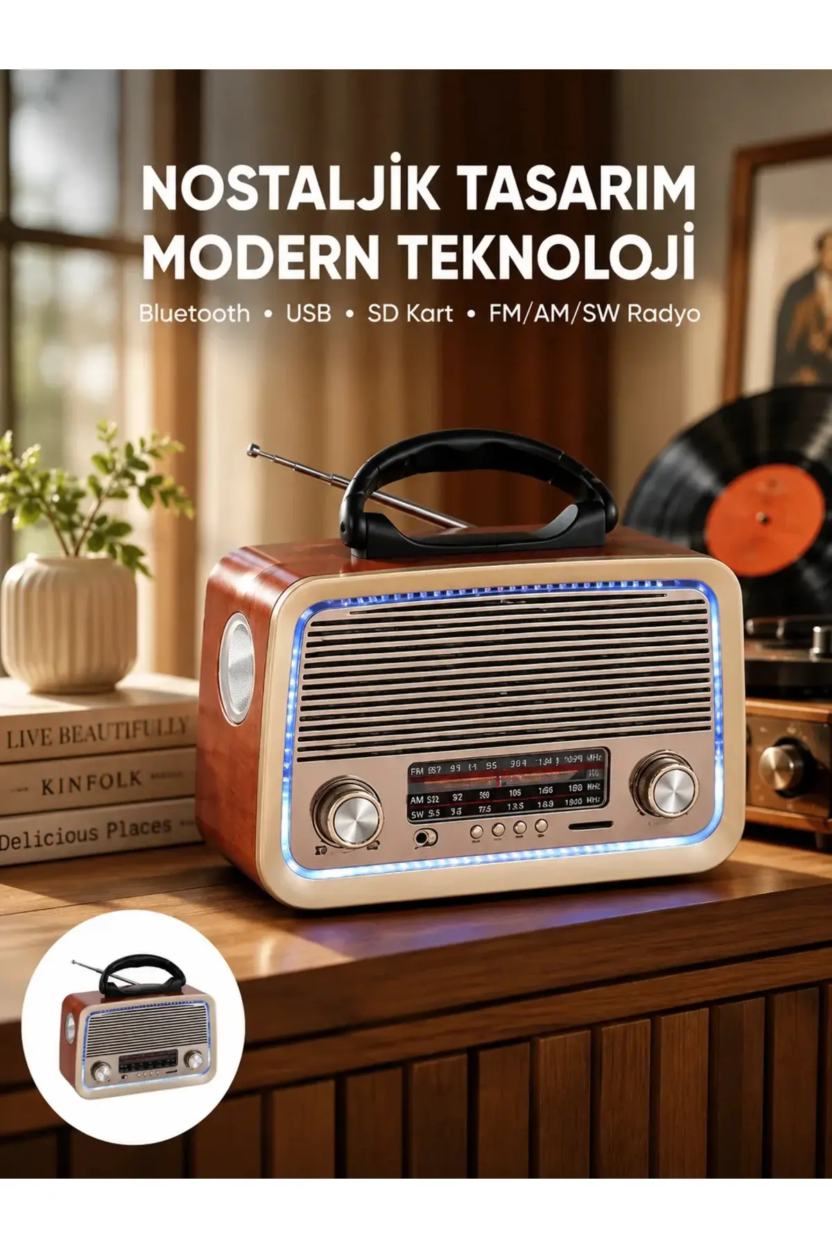 Nostalji Bluetooth Radyo FM AM SW Ahşap Eskitme Tasarım Yeni Nesil