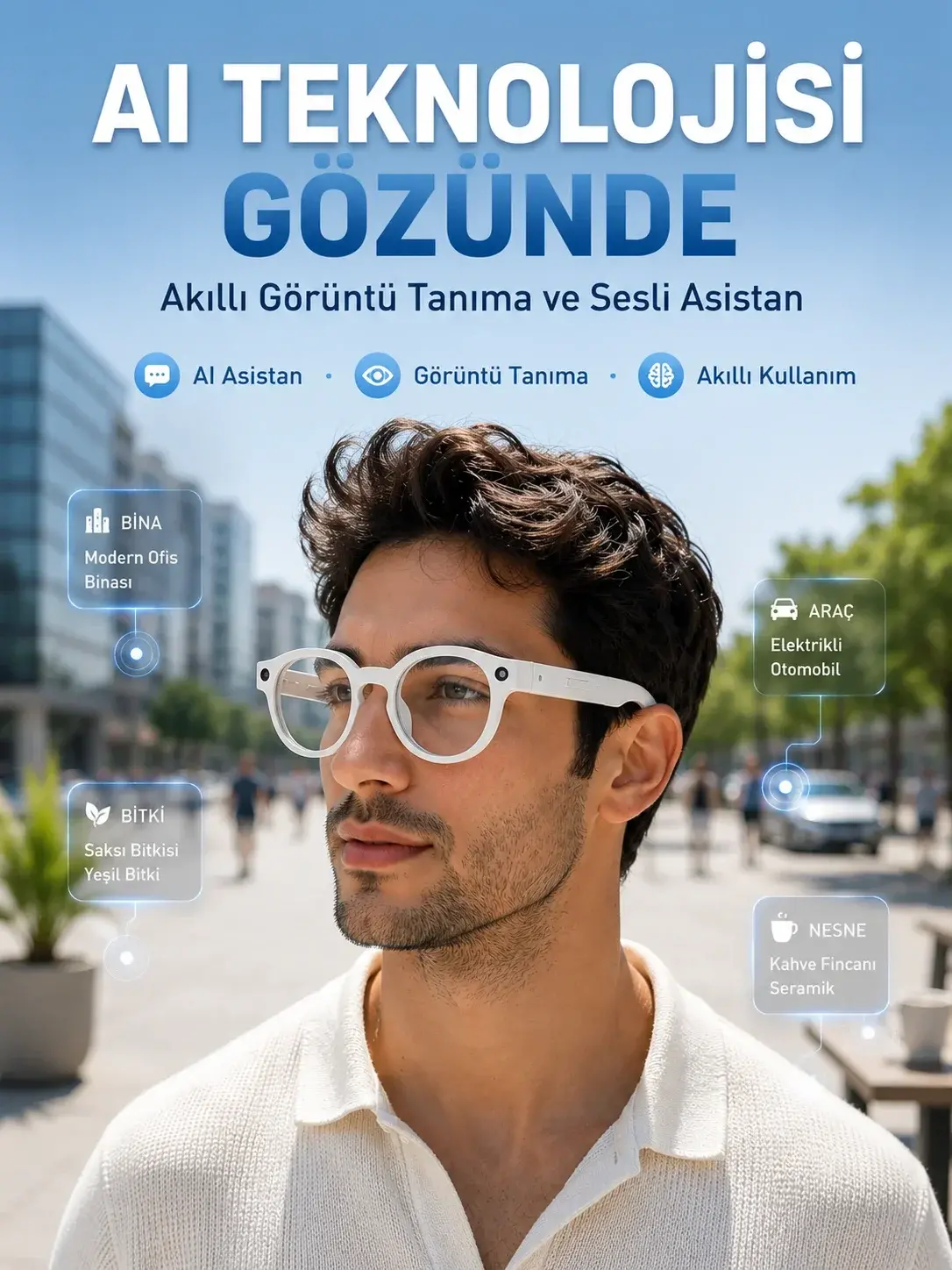 Beyaz 3 Lensli Akıllı Kamera Gözlüğü Yapay Zeka Sesli Asistan Görüntü Tanıma Bluetooth Görüşme ve Mü