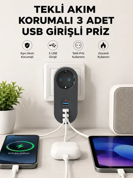 Isıya Dayanıklı 3 USB Portlu Güvenlikli Priz – Akıllı Enerji Yöneti