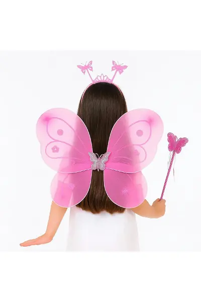 Pembe Kelebek Kız Seti – 50 Cm Kelebek Kanadı, Taç Ve Asa