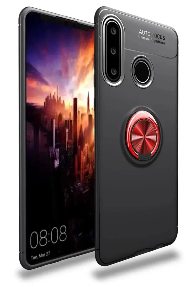 Huawei Y6P Kılıf Range Yüzüklü Silikon - Siyah-Kırmızı