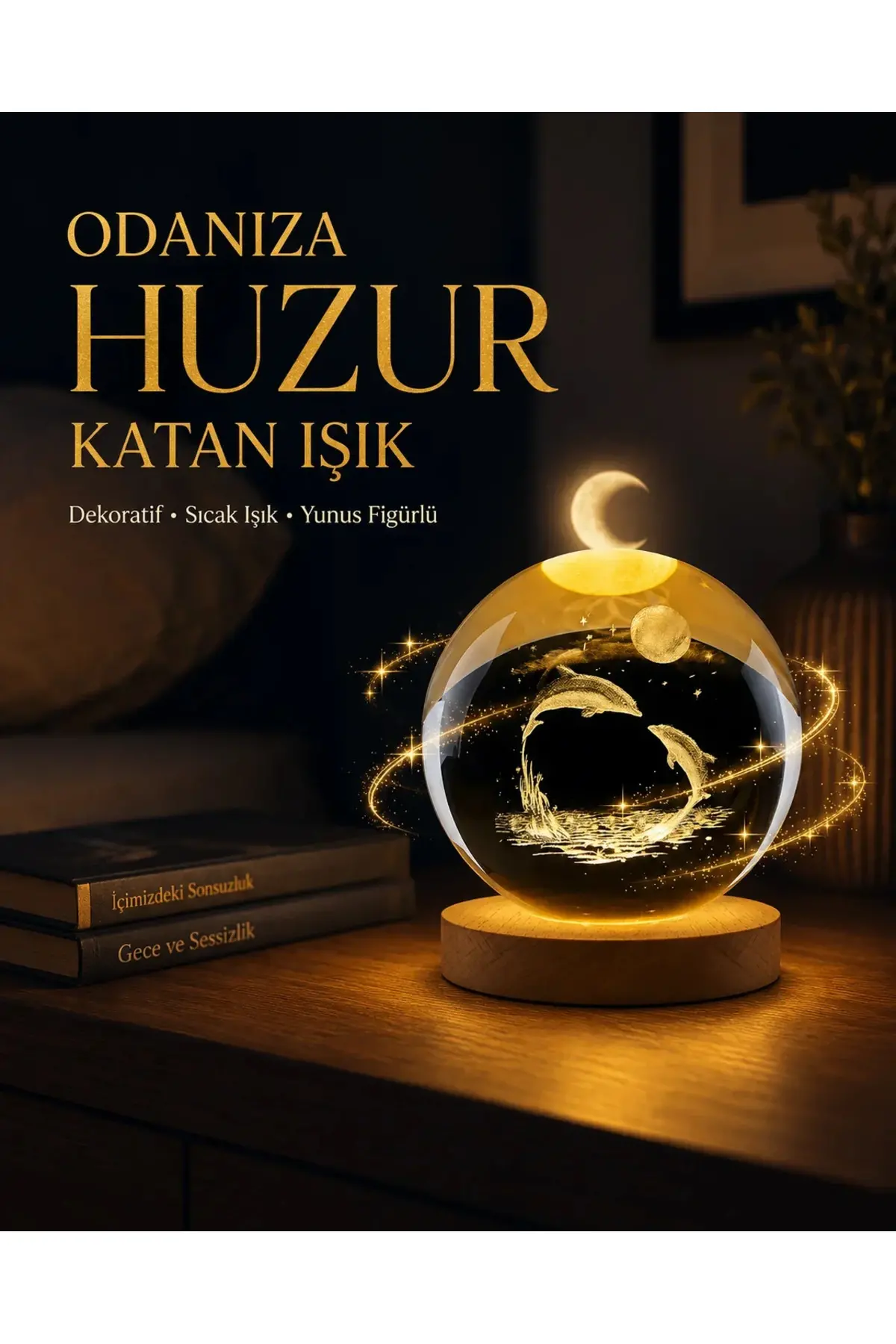 Yunus Temalı Kristal Küre USB Işıklı Ahşap Altlıklı Gece Lambası