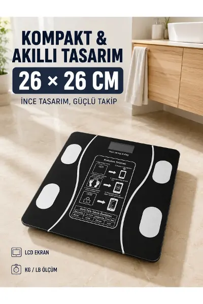 180 Kg Akıllı Cam Tartı Bluetooth Vücut Yağ Kas Su ve BMI Ölçüm Destekli Baskül