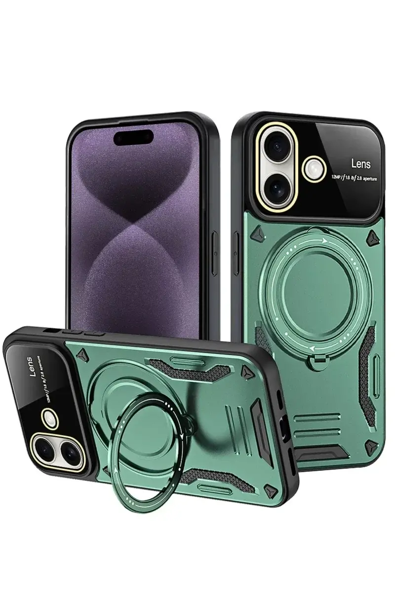 Apple iPhone 16 Kılıf Joy Lens Standlı Kapak - Koyu Yeşil