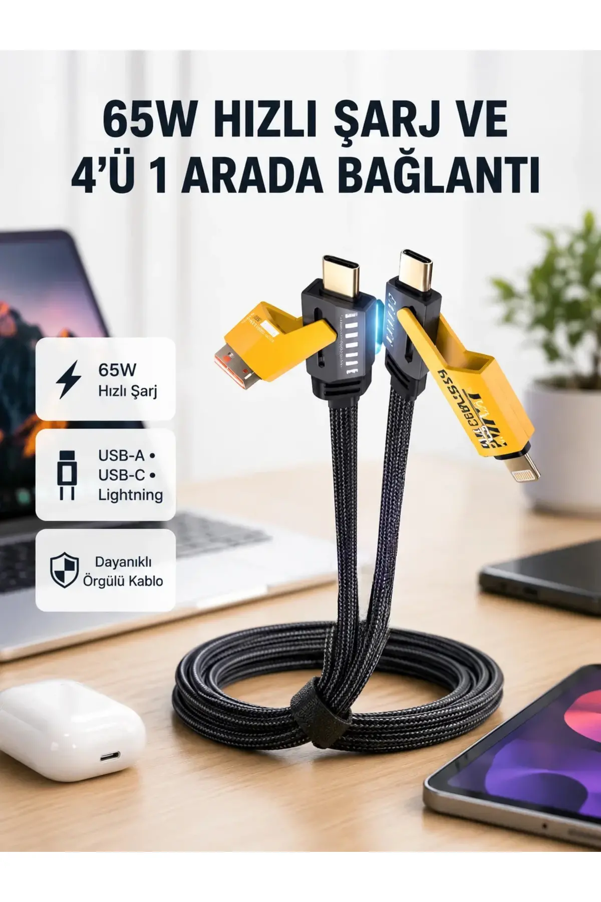 USB-C USB-A 4’ü 1 Arada Örgülü Kablo 65W Hızlı Şarj Metal Uç Dayanıklı