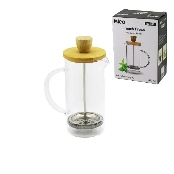 French Press Bambu Kapak 350ML Cam Bitki Süzgeçi
