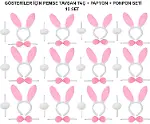Pembe Tavşan Kostüm Seti – Taç, Papyon, Ponpon (12’li Paket)-1