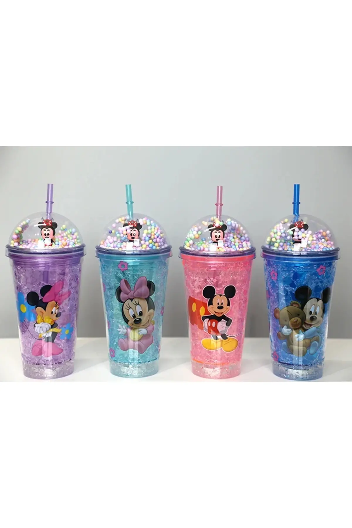 Sevimli Mickey Mouse Işıklı Pipetli Boncuklu Suluk & Bardak 400 Ml Alk3147