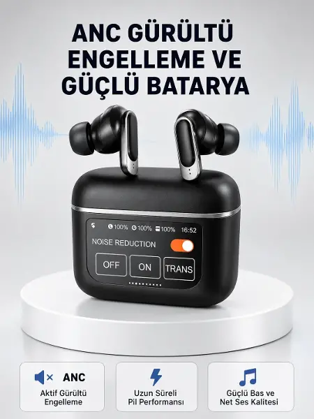 ANC Teknolojili Kablosuz Bluetooth Kulaklık – Dokunmatik, Dijital Göstergeli, Yüksek Ses Kalitesi