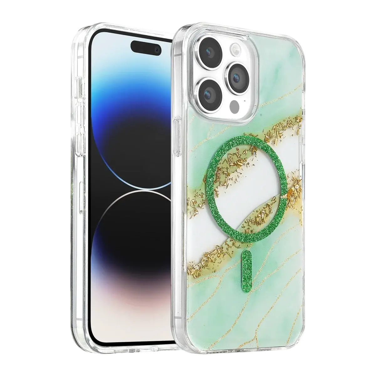 Onegif Apple İphone 14 Pro Max Lotus Simli Magsafe Kapak - Yeşil