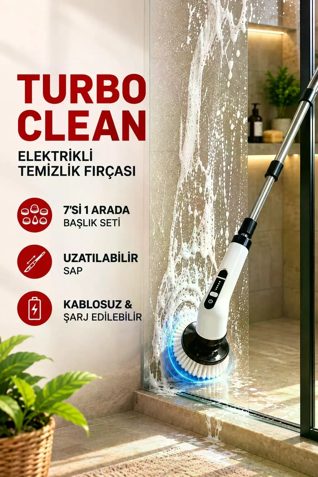 Turbo Clean Elektrikli Temizlik Fırçası 7 Başlıklı Kablosuz Şarjlı Döner Fırça