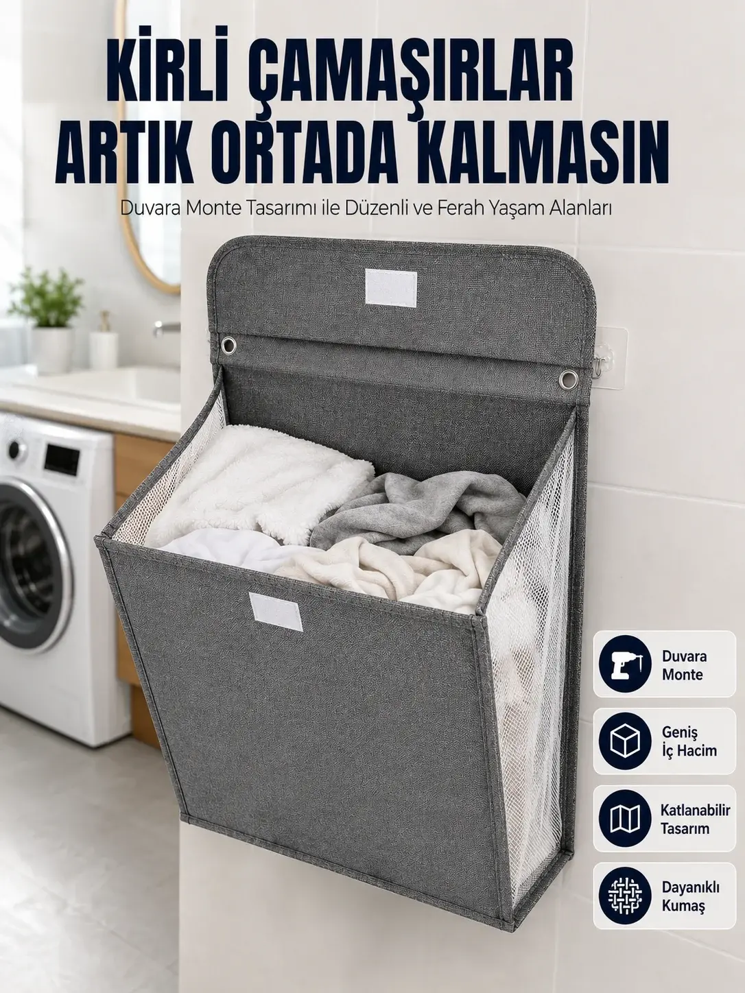 Banyo ve Çamaşır Odası İçin Duvara Asılan Katlanabilir Çamaşır Sepeti