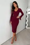 Kadın V Yaka Midi Uzun Kollu Abiye Elbise-2