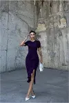 Kadın Modern Krep Kumaş Bisiklet Yaka Yırtmaçlı Abiye Elbise-2