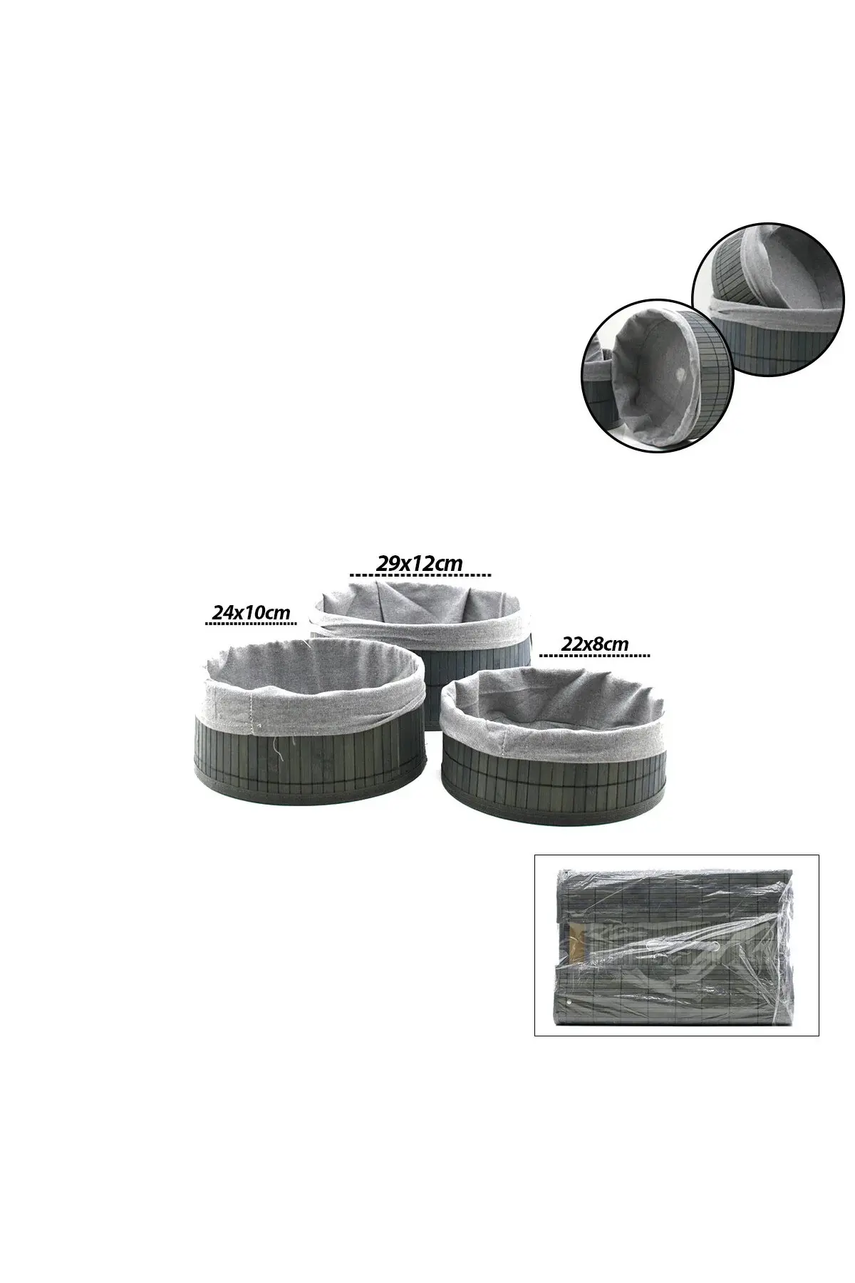 Gri 3 Boy Yuvarlak Bambu Kenar Organizer Sepet Ahşap Altlık - Bezli Çap: 22X24X29CM