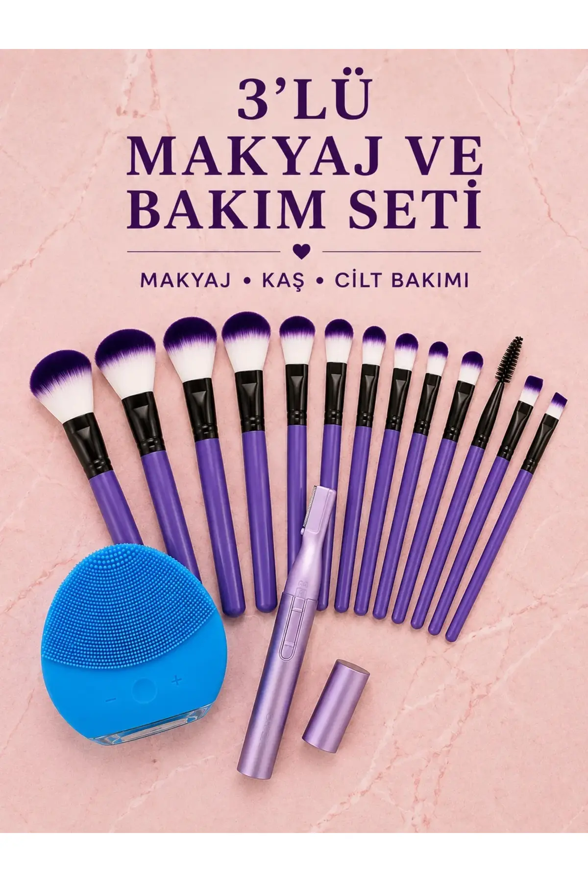 3’lü Makyaj ve Cilt Bakım Seti 12 Parça Makyaj Fırçası Kaş Alma Düzeltme ve Silikon Yüz Temizleme Ci