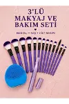 3’lü Makyaj ve Cilt Bakım Seti 12 Parça Makyaj Fırçası Kaş Alma Düzeltme ve Silikon Yüz Temizleme Ci-1