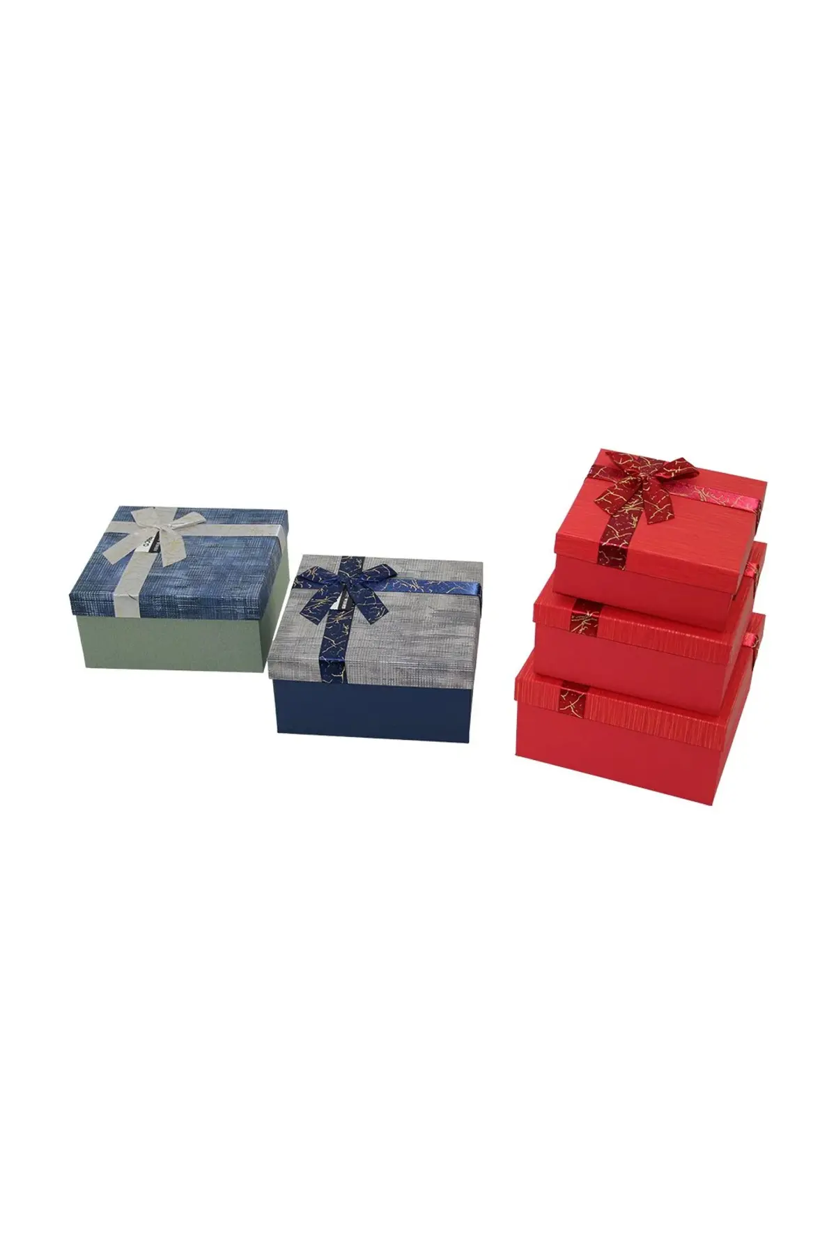 3PCS Kare Çizgili Mix Renkli Karton Hediye Kutusu Kurdelalı 19-17-15CM